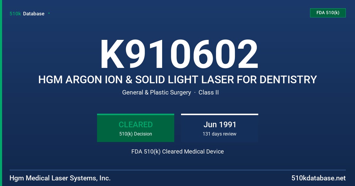 K910602 HGM ARGON ION & SOLID LIGHT LASER FOR DENTISTRY FDA 510(k) Cleared Medical Device