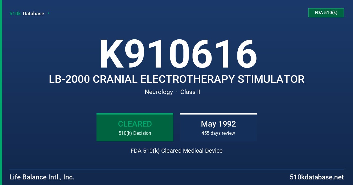 K910616 LB-2000 CRANIAL ELECTROTHERAPY STIMULATOR FDA 510(k) Cleared Medical Device