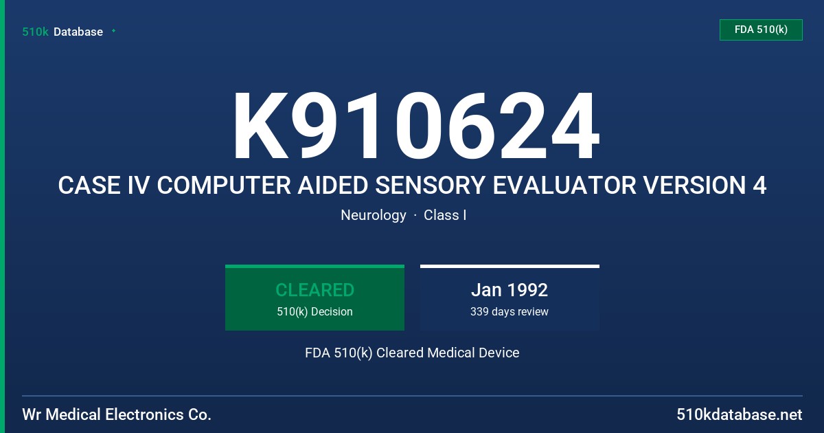 K910624 CASE IV COMPUTER AIDED SENSORY EVALUATOR VERSION 4 FDA 510(k) Cleared Medical Device