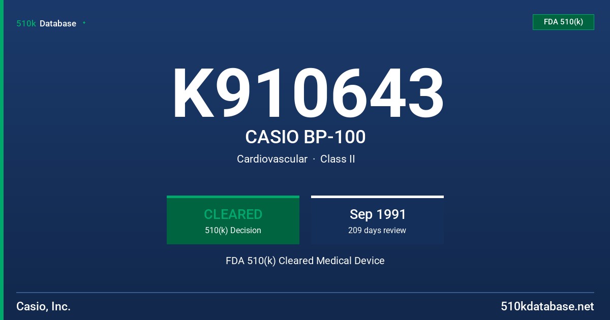 K910643 CASIO BP-100 FDA 510(k) Cleared Medical Device
