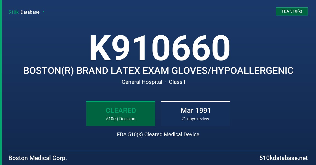 K910660 BOSTON(R) BRAND LATEX EXAM GLOVES/HYPOALLERGENIC FDA 510(k) Cleared Medical Device