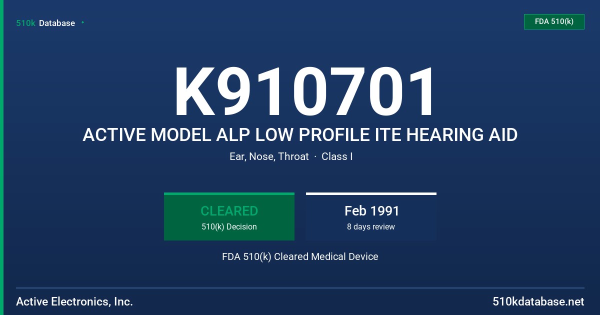 K910701 ACTIVE MODEL ALP LOW PROFILE ITE HEARING AID FDA 510(k) Cleared Medical Device