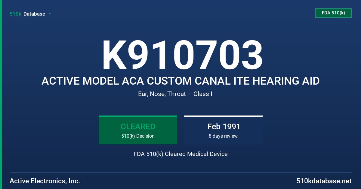 K910703 ACTIVE MODEL ACA CUSTOM CANAL ITE HEARING AID FDA 510(k) Cleared Medical Device