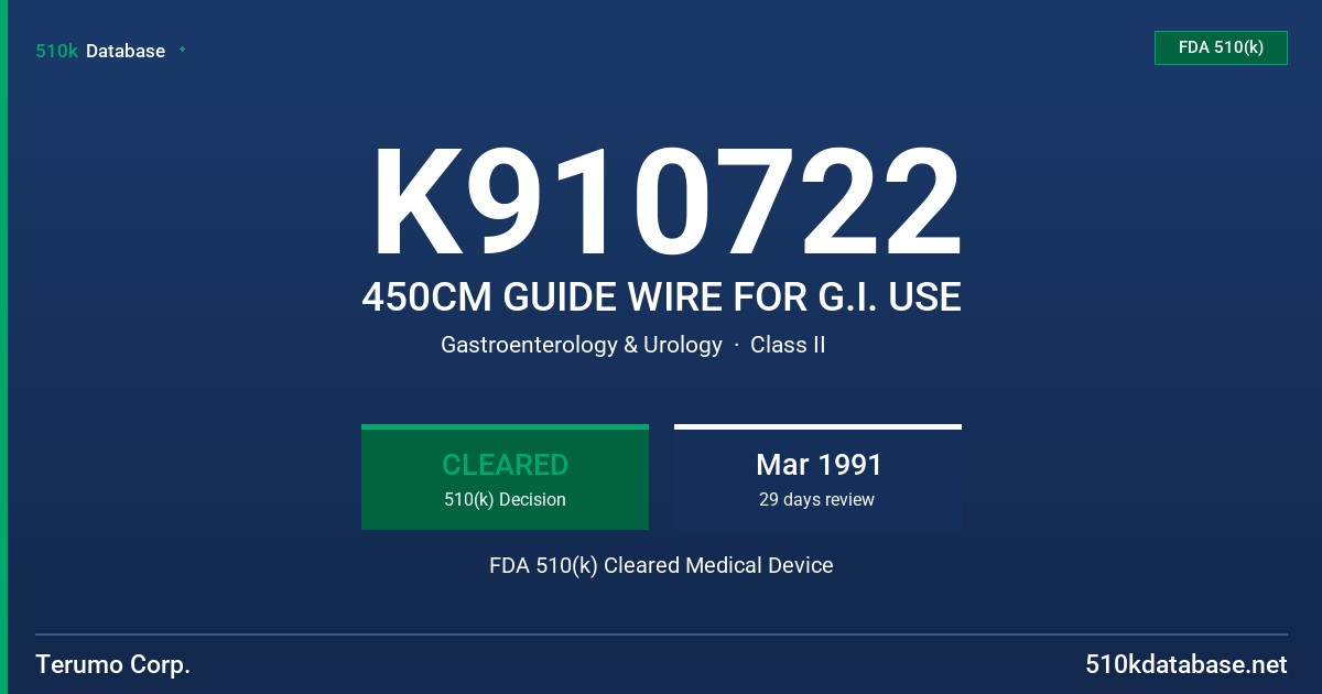 K910722 450CM GUIDE WIRE FOR G.I. USE FDA 510(k) Cleared Medical Device