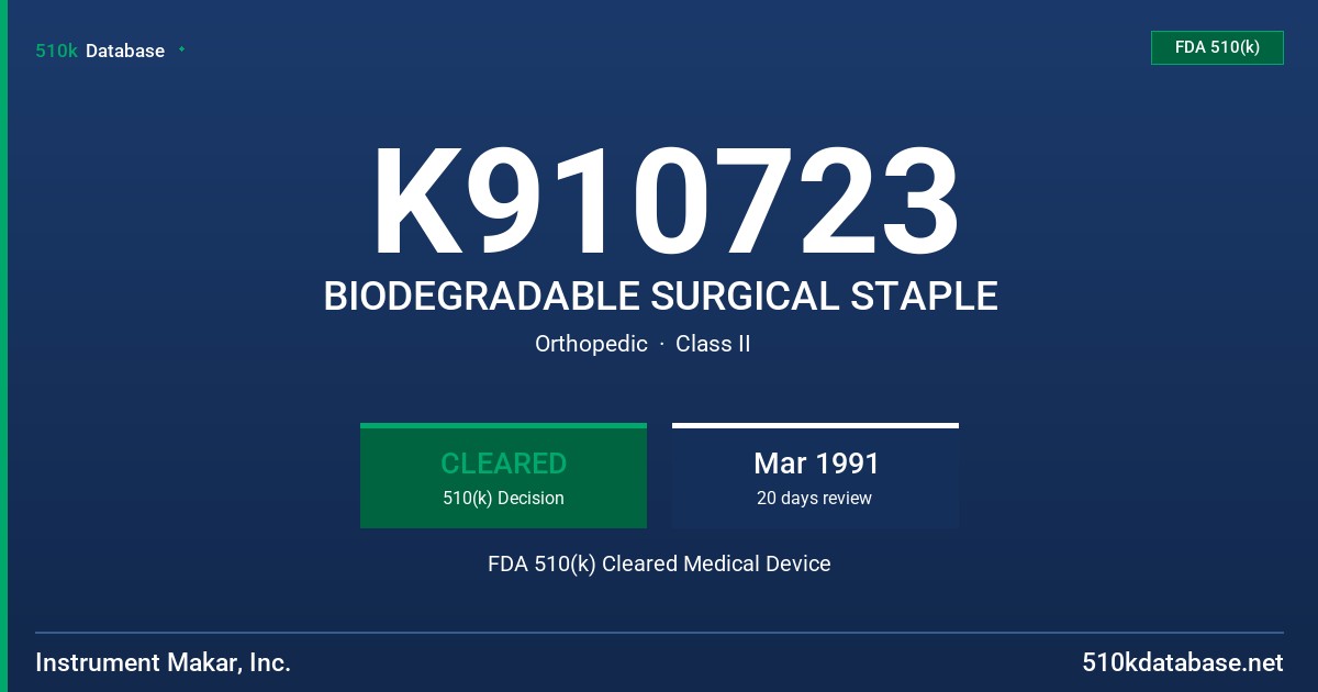 K910723 BIODEGRADABLE SURGICAL STAPLE FDA 510(k) Cleared Medical Device