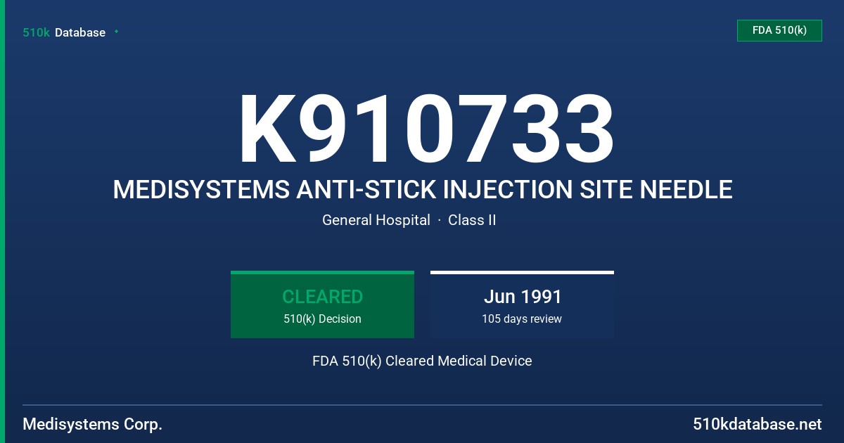 K910733 MEDISYSTEMS ANTI-STICK INJECTION SITE NEEDLE FDA 510(k) Cleared Medical Device