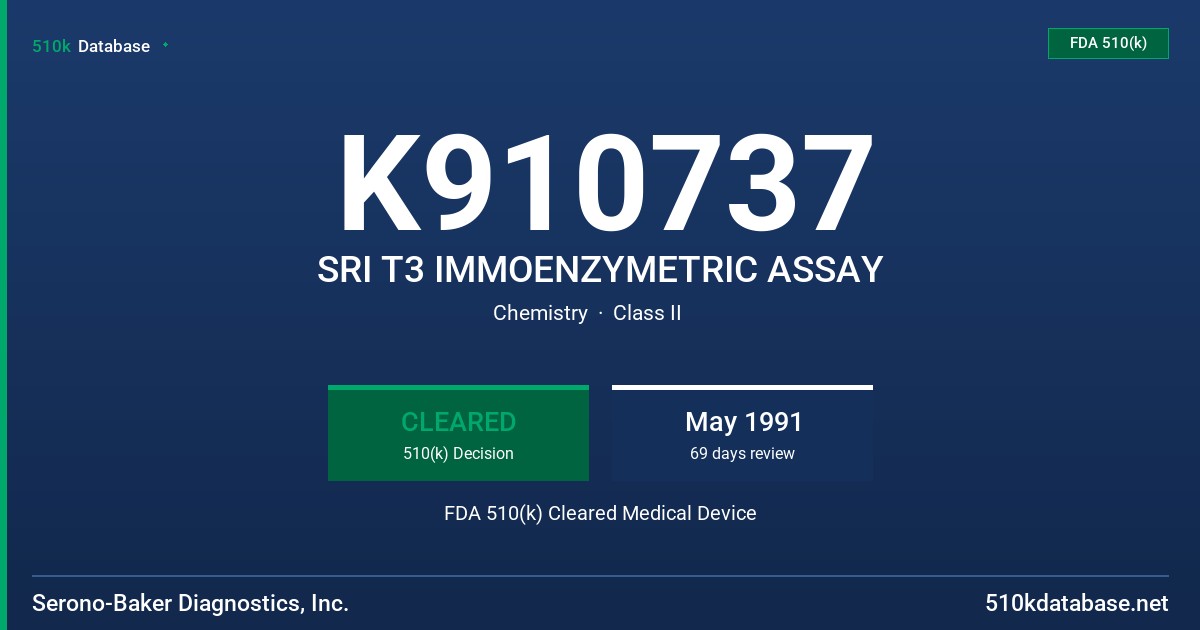 K910737 SRI T3 IMMOENZYMETRIC ASSAY FDA 510(k) Cleared Medical Device