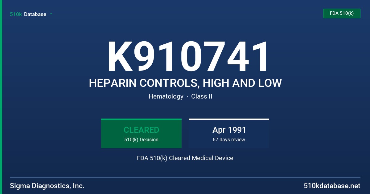K910741 HEPARIN CONTROLS, HIGH AND LOW FDA 510(k) Cleared Medical Device
