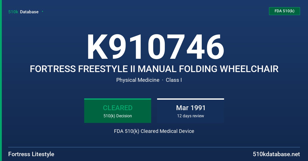 K910746 FORTRESS FREESTYLE II MANUAL FOLDING WHEELCHAIR FDA 510(k) Cleared Medical Device
