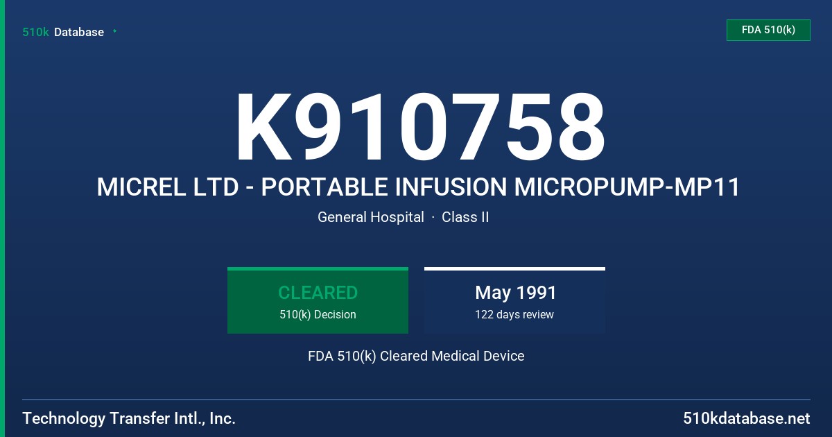 K910758 MICREL LTD - PORTABLE INFUSION MICROPUMP-MP11 FDA 510(k) Cleared Medical Device