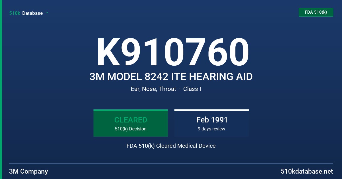 K910760 3M MODEL 8242 ITE HEARING AID FDA 510(k) Cleared Medical Device