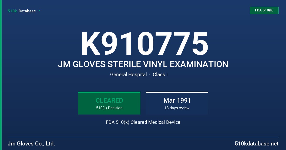 K910775 JM GLOVES STERILE VINYL EXAMINATION FDA 510(k) Cleared Medical Device