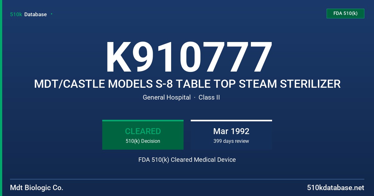 K910777 MDT/CASTLE MODELS S-8 TABLE TOP STEAM STERILIZER FDA 510(k) Cleared Medical Device