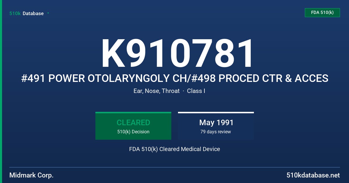 K910781 #491 POWER OTOLARYNGOLY CH/#498 PROCED CTR & ACCES FDA 510(k) Cleared Medical Device