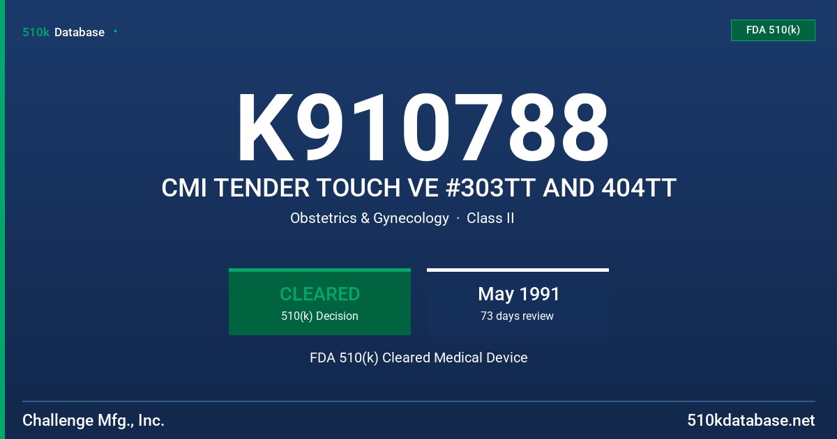 K910788 CMI TENDER TOUCH VE #303TT AND 404TT FDA 510(k) Cleared Medical Device
