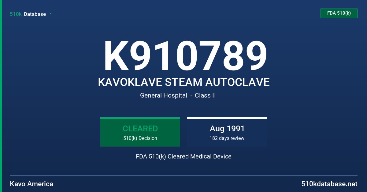 K910789 KAVOKLAVE STEAM AUTOCLAVE FDA 510(k) Cleared Medical Device