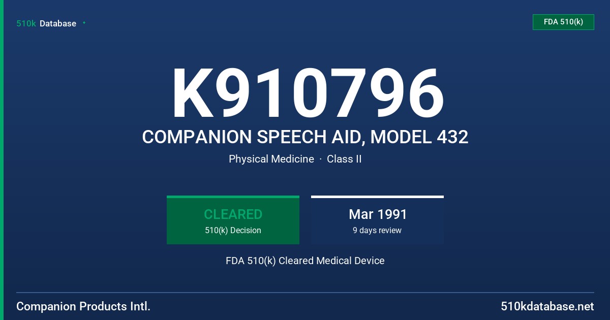 K910796 COMPANION SPEECH AID, MODEL 432 FDA 510(k) Cleared Medical Device