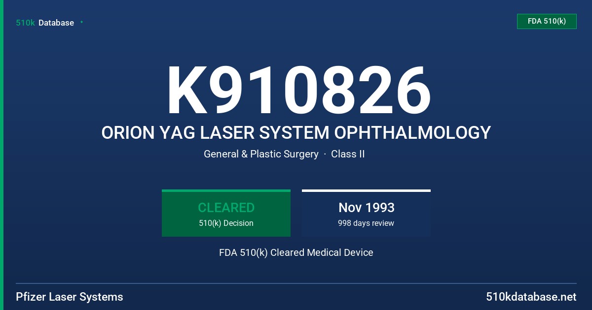 K910826 ORION YAG LASER SYSTEM OPHTHALMOLOGY FDA 510(k) Cleared Medical Device