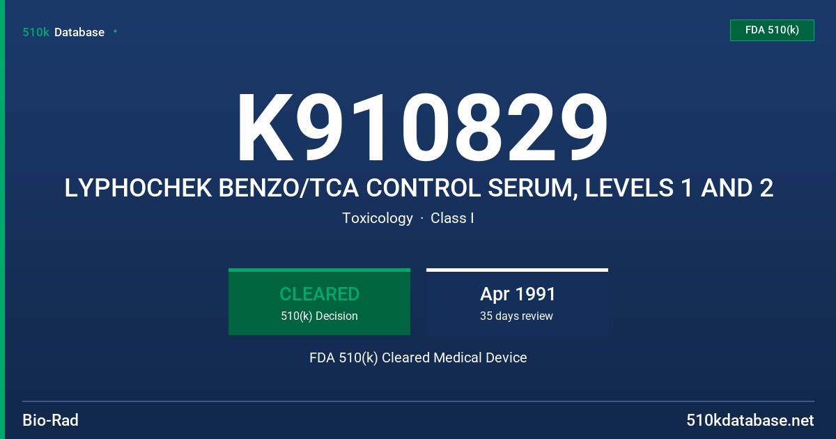 K910829 LYPHOCHEK BENZO/TCA CONTROL SERUM, LEVELS 1 AND 2 FDA 510(k) Cleared Medical Device