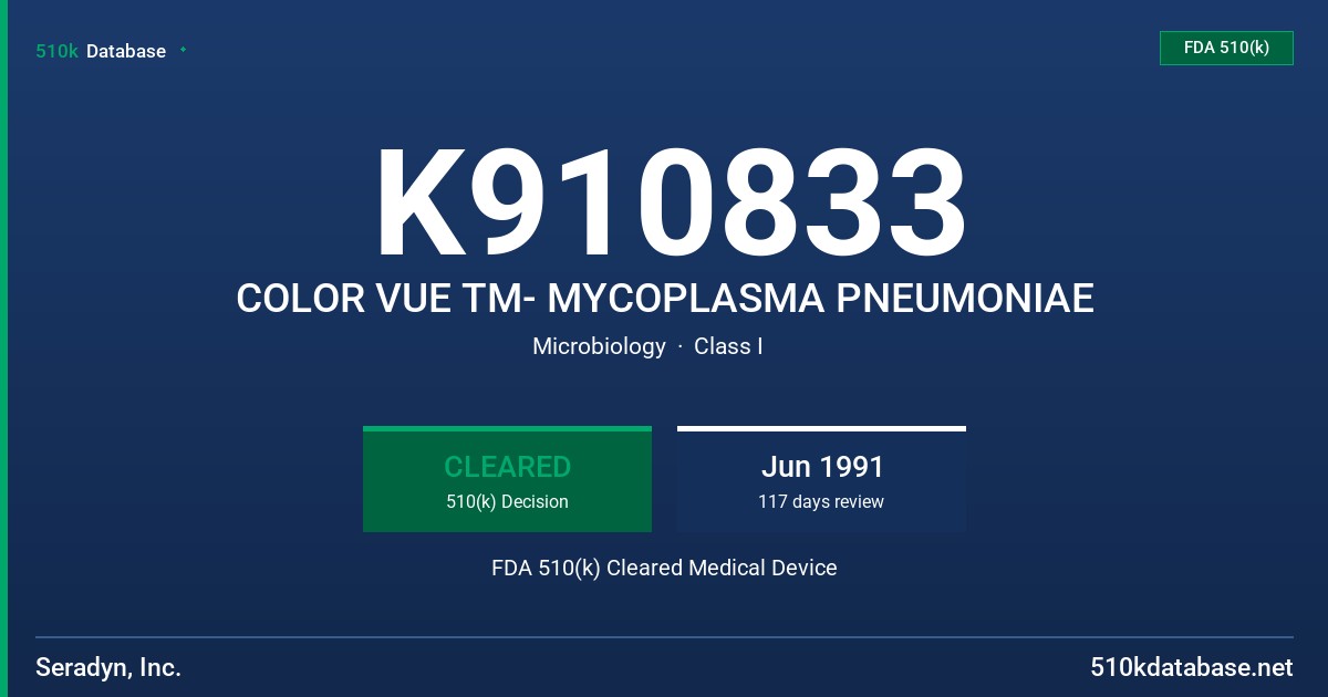 K910833 COLOR VUE TM- MYCOPLASMA PNEUMONIAE FDA 510(k) Cleared Medical Device