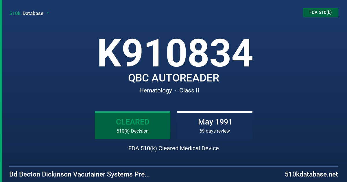 K910834 QBC AUTOREADER FDA 510(k) Cleared Medical Device