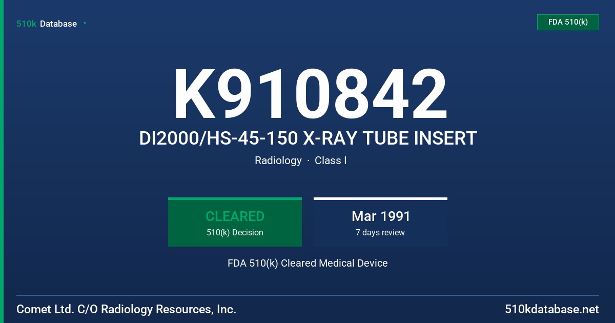 K910842 DI2000/HS-45-150 X-RAY TUBE INSERT FDA 510(k) Cleared Medical Device