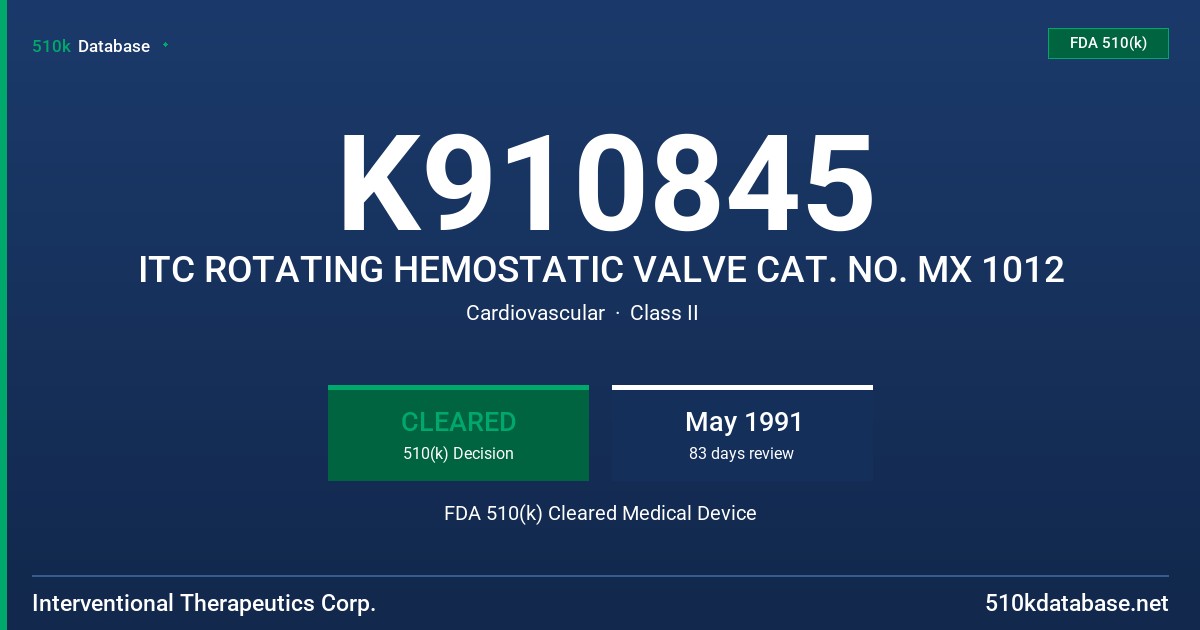 K910845 ITC ROTATING HEMOSTATIC VALVE CAT. NO. MX 1012 FDA 510(k) Cleared Medical Device