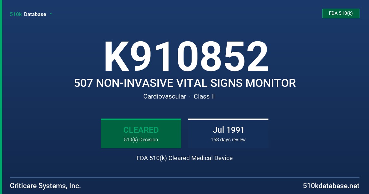 K910852 507 NON-INVASIVE VITAL SIGNS MONITOR FDA 510(k) Cleared Medical Device