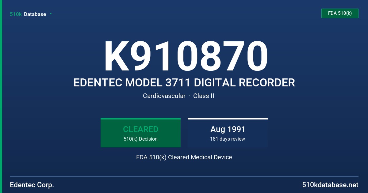 K910870 EDENTEC MODEL 3711 DIGITAL RECORDER FDA 510(k) Cleared Medical Device