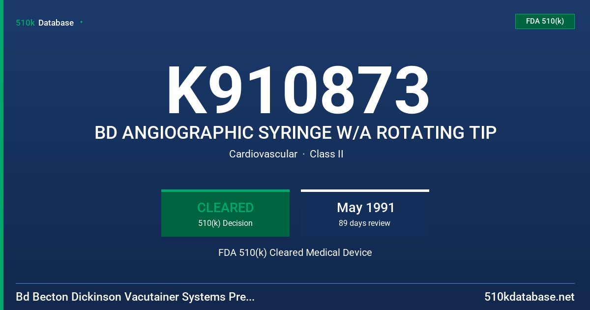 K910873 BD ANGIOGRAPHIC SYRINGE W/A ROTATING TIP FDA 510(k) Cleared Medical Device