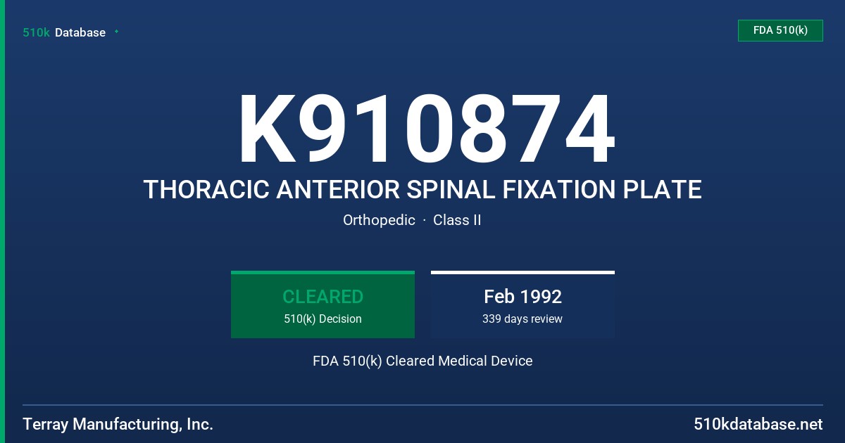 K910874 THORACIC ANTERIOR SPINAL FIXATION PLATE FDA 510(k) Cleared Medical Device