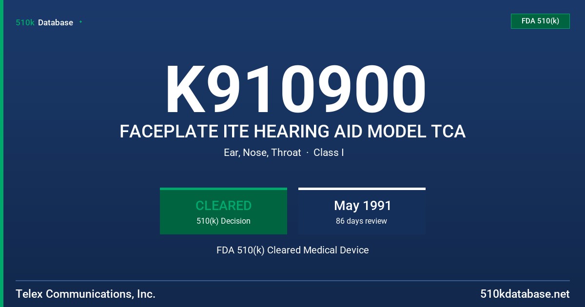 K910900 FACEPLATE ITE HEARING AID MODEL TCA FDA 510(k) Cleared Medical Device