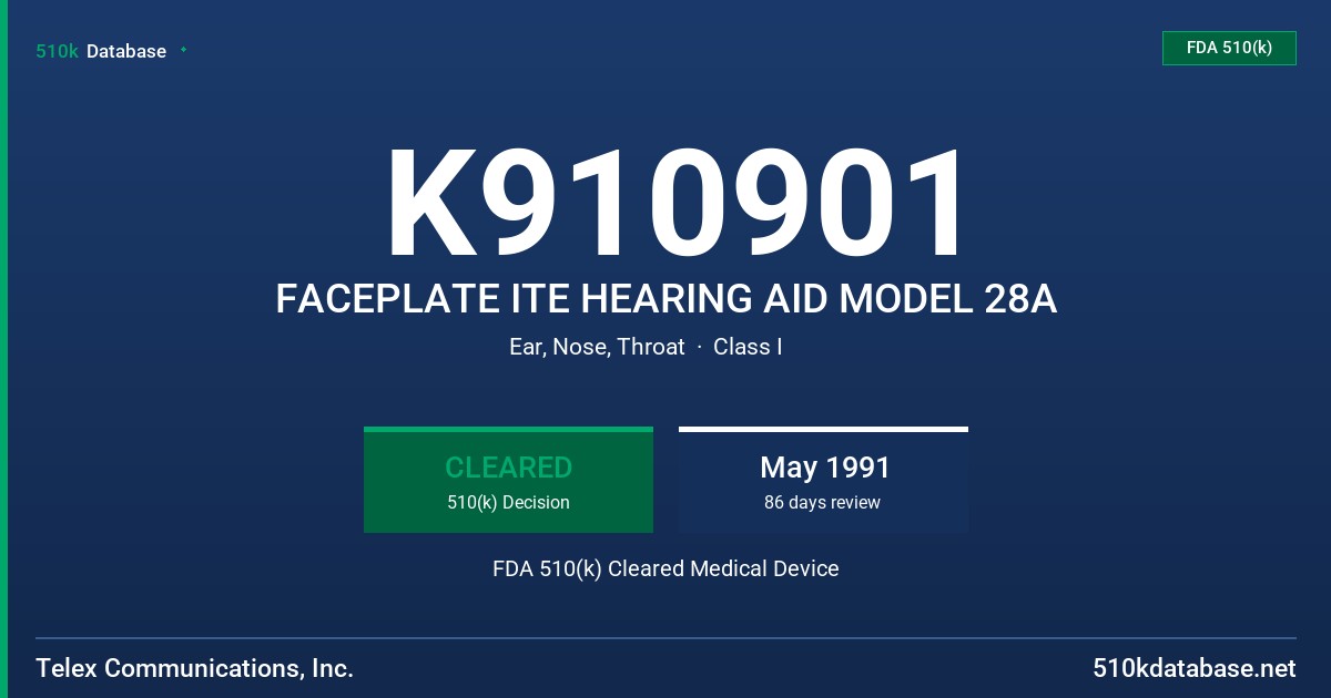 K910901 FACEPLATE ITE HEARING AID MODEL 28A FDA 510(k) Cleared Medical Device