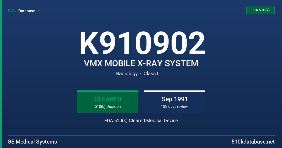 K910902 VMX MOBILE X-RAY SYSTEM FDA 510(k) Cleared Medical Device