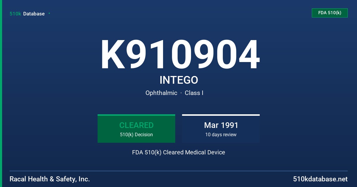 K910904 INTEGO FDA 510(k) Cleared Medical Device