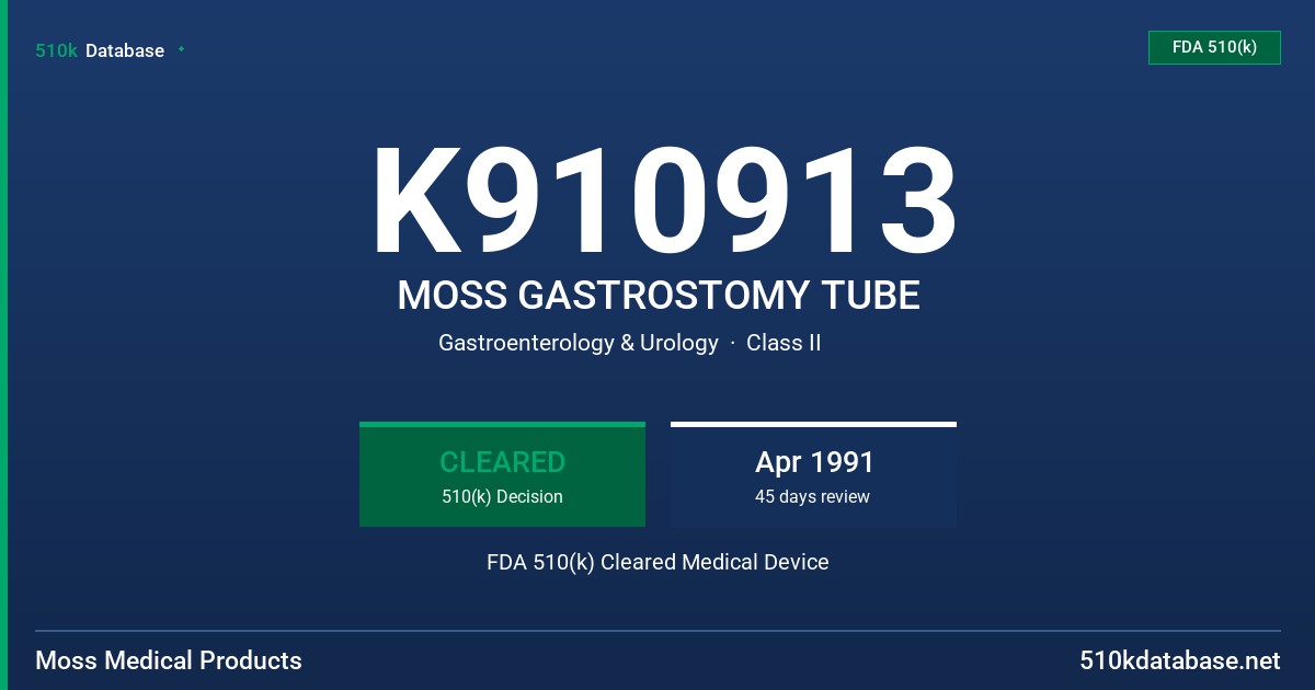 K910913 MOSS GASTROSTOMY TUBE FDA 510(k) Cleared Medical Device