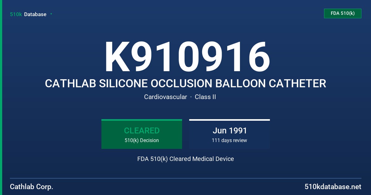 K910916 CATHLAB SILICONE OCCLUSION BALLOON CATHETER FDA 510(k) Cleared Medical Device