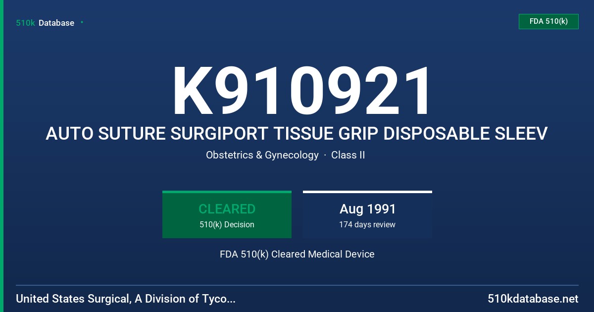 K910921 AUTO SUTURE SURGIPORT TISSUE GRIP DISPOSABLE SLEEV FDA 510(k) Cleared Medical Device