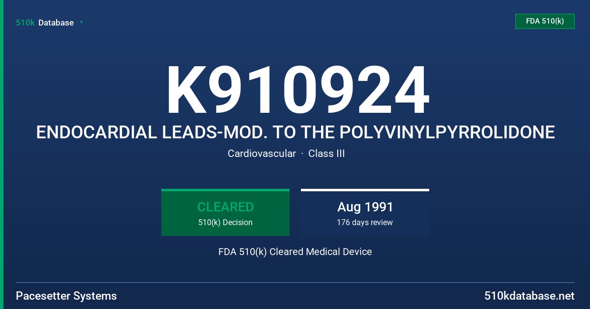 K910924 ENDOCARDIAL LEADS-MOD. TO THE POLYVINYLPYRROLIDONE FDA 510(k) Cleared Medical Device