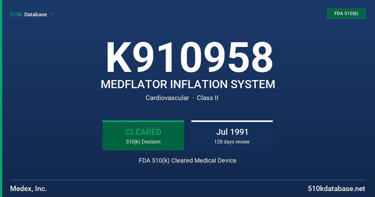 K910958 MEDFLATOR INFLATION SYSTEM FDA 510(k) Cleared Medical Device