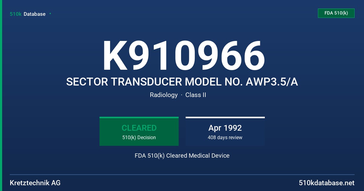 K910966 SECTOR TRANSDUCER MODEL NO. AWP3.5/A FDA 510(k) Cleared Medical Device