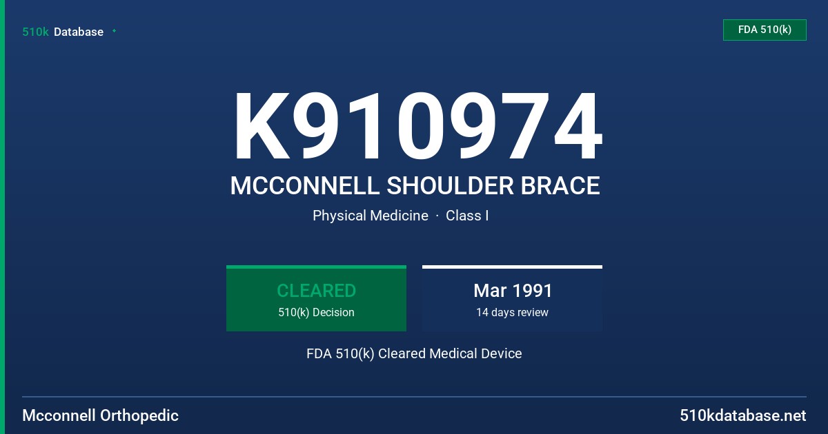 K910974 MCCONNELL SHOULDER BRACE FDA 510(k) Cleared Medical Device