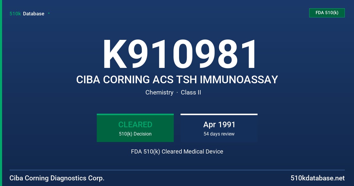 K910981 CIBA CORNING ACS TSH IMMUNOASSAY FDA 510(k) Cleared Medical Device