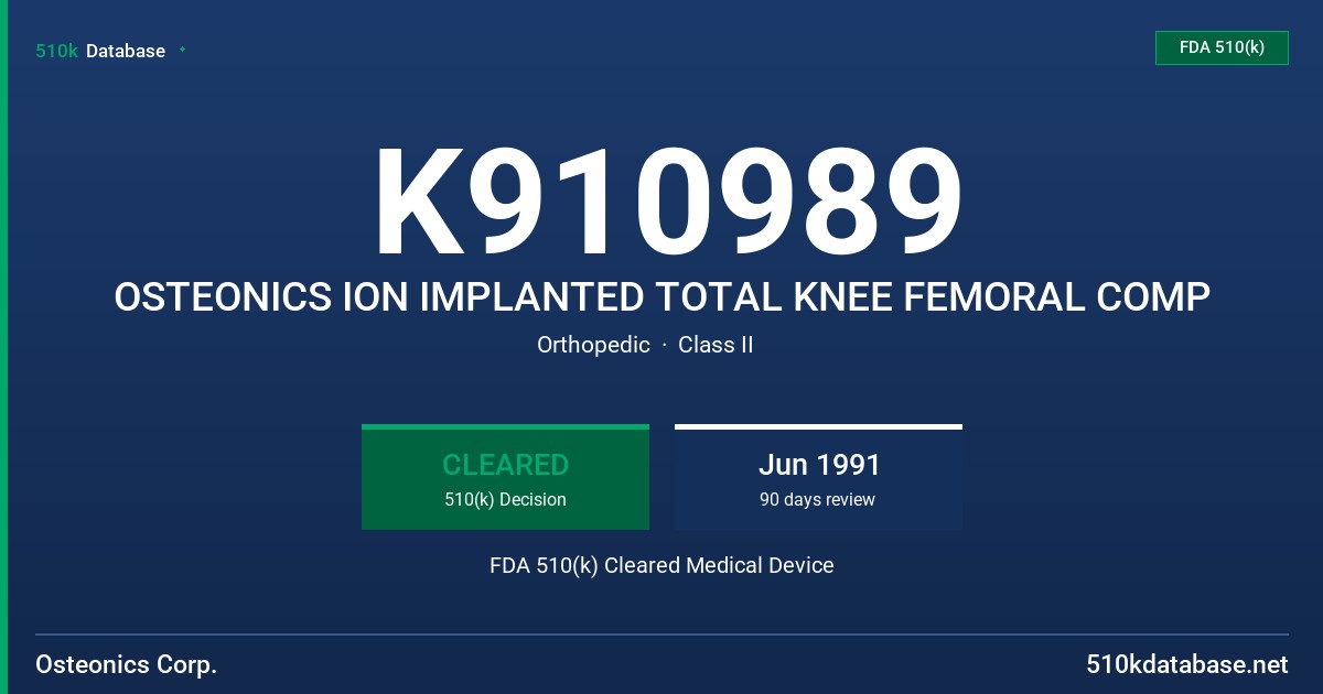 K910989 OSTEONICS ION IMPLANTED TOTAL KNEE FEMORAL COMP FDA 510(k) Cleared Medical Device