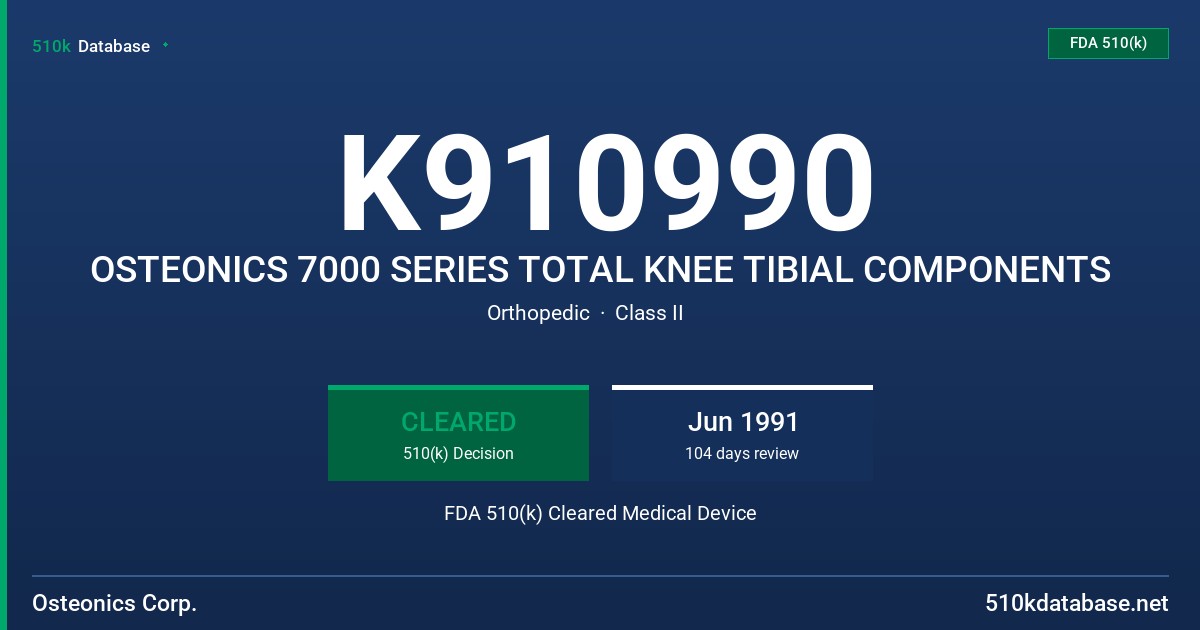 K910990 OSTEONICS 7000 SERIES TOTAL KNEE TIBIAL COMPONENTS FDA 510(k) Cleared Medical Device
