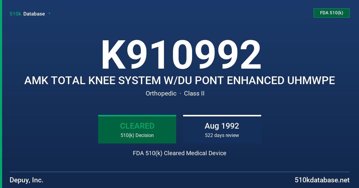 K910992 AMK TOTAL KNEE SYSTEM W/DU PONT ENHANCED UHMWPE FDA 510(k) Cleared Medical Device