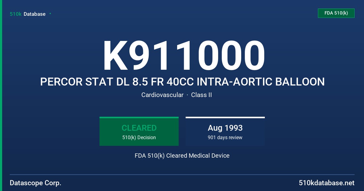 K911000 PERCOR STAT DL 8.5 FR 40CC INTRA-AORTIC BALLOON FDA 510(k) Cleared Medical Device