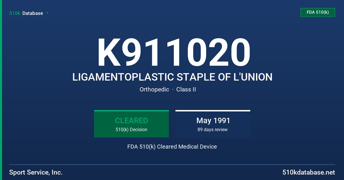 K911020 LIGAMENTOPLASTIC STAPLE OF L'UNION FDA 510(k) Cleared Medical Device
