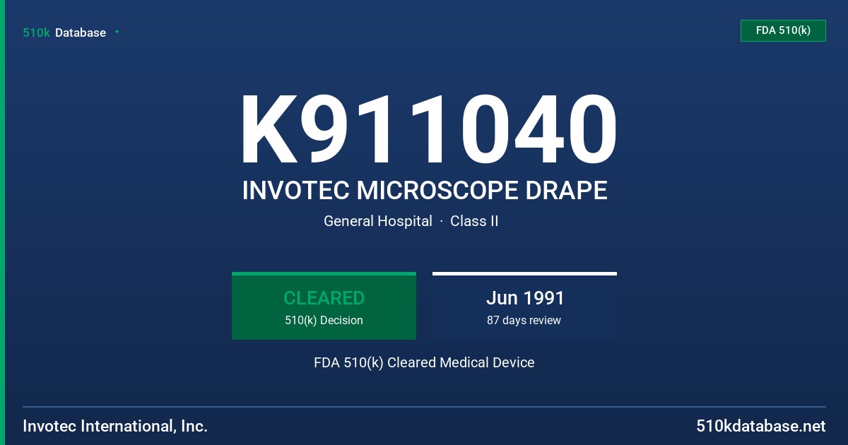 K911040 INVOTEC MICROSCOPE DRAPE FDA 510(k) Cleared Medical Device