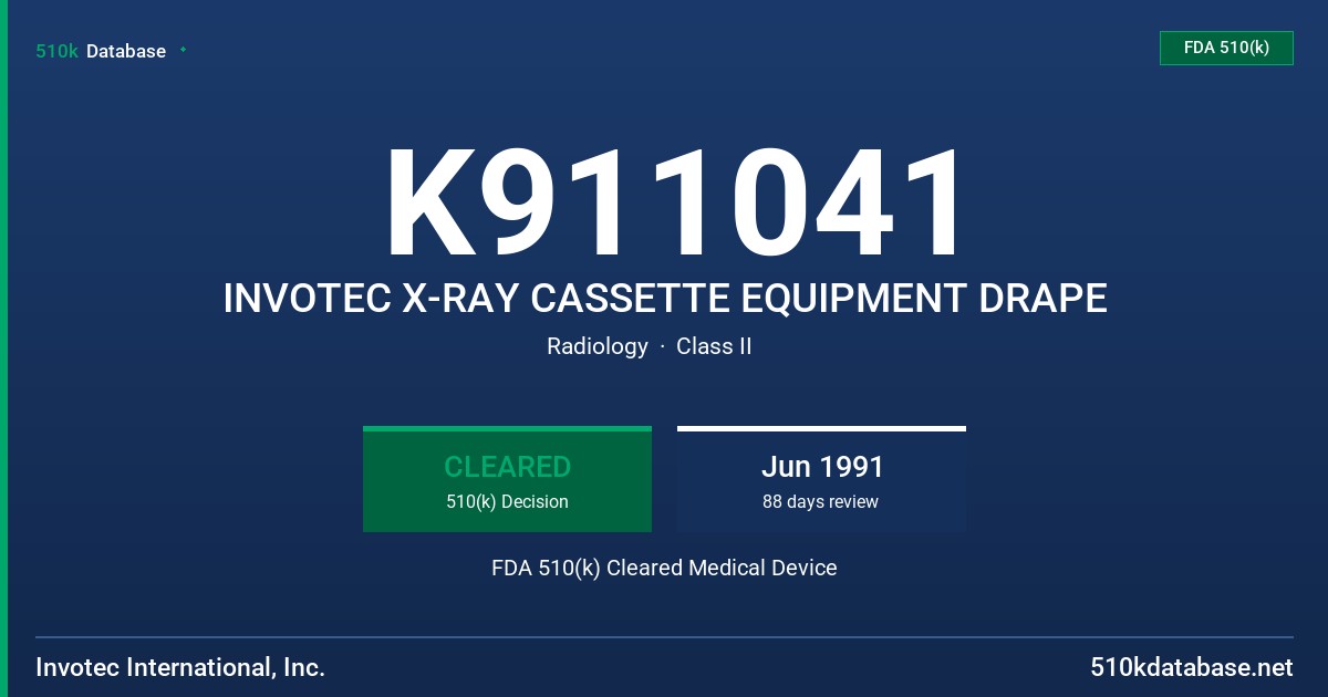 K911041 INVOTEC X-RAY CASSETTE EQUIPMENT DRAPE FDA 510(k) Cleared Medical Device